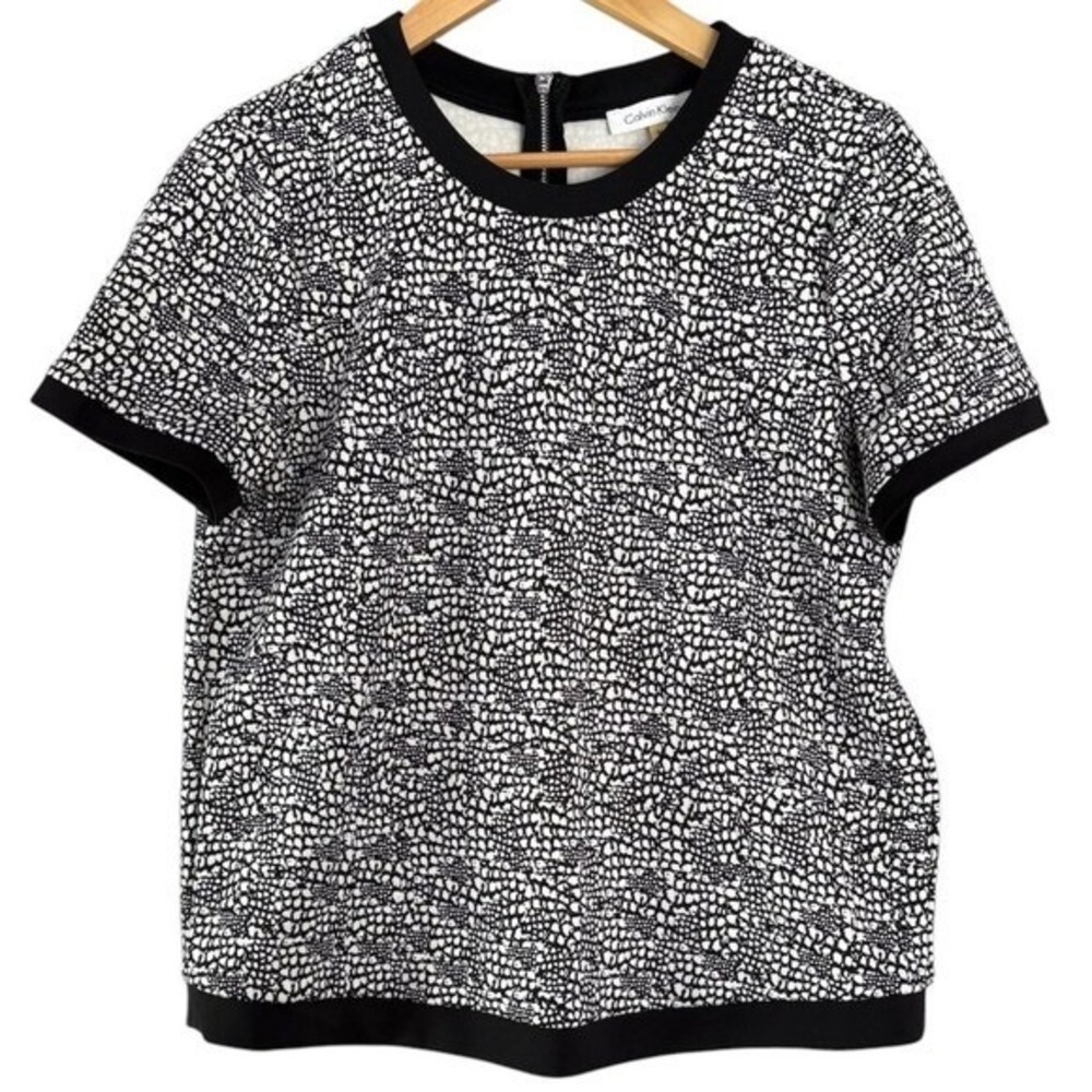 Calvin Klein Womens Snake Print Short Sleeve Top Blouse Sz Medium Black Stretchy